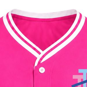 เสื้อเบสบอลผู้หญิงสีชมพูร้อนแรง แขนสั้น คอวี ติดกระดุมด้านหน้า แต่งขอบสีขาว พร้อมลายปัก สำหรับกีฬาประเภททีม - Product Image 2