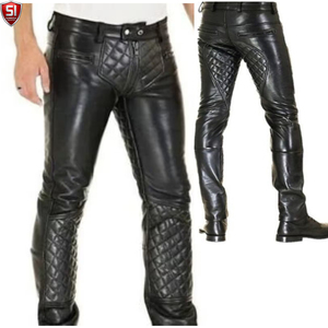 Pantalon de moto pour homme Sumroos en cuir véritable, imperméable, mi-épais, matelassé, jambe extensible, fermeture boutonnée, style denim, hiver - Product Image 1