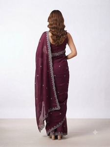 Elegant Maroon Floral Flock Printed Silk <b>Saree</b> <b>Women</b> Party Wear Regular Fit Length Wrinkle Free Quick Dry Multi-Occasion West - Product Image 4