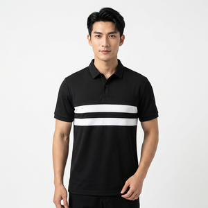 Polo à manches courtes noir pour homme avec blocs de couleur rayés blancs, design tricoté décontracté - Product Image 4