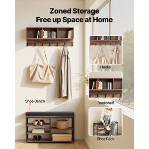 3-in-1 Steel Frame Coat Rack with Shoe Bench Hooks Bookshelf Combo Set for Entrance Hall Tree Storage Organization - Product Image 2