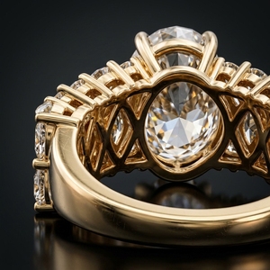 Anillo de compromiso de oro blanco de alta demanda con diamante de laboratorio de corte oval masivo en el centro, banda ancha y detalles de perlas marquesa. - Product Image 2