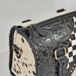 Sac de sport léger et imperméable en cuir véritable noir et blanc, fourrure, fait main, tendance 2026, style mini Speedy - Product Image 5