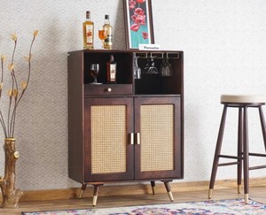 Dark Walnut Bar <b>Cabinet</b> <b>Wine</b> <b>Storage</b> Console Drinks Organizer with Hanging Rail and Display Shelf - Product Image 2