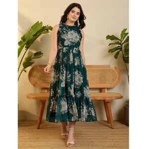 Vestido Maxi con Estampado Floral Verde de Alta Calidad, con Volantes, para Fiestas, Citas y Cenas, Disponible a Precio de Venta para Exportación - Product Image 1