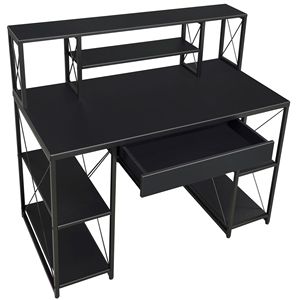 Scrivania da ufficio nera con scaffali aperti e Hutch per il tuo spazio di lavoro - Product Image 4