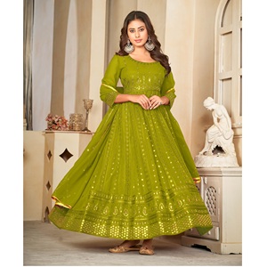 Traje Anarkali Verde Claro para Mujer, Económico, Manga 3/4, Georgette Crepé Elástico de Secado Rápido, Semi-Cosido, para Fiesta o Boda - Product Image 1