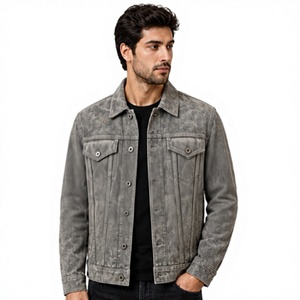 Men's <b>Suede</b> Leather <b>Jacket</b> Grey Trucker <b>Jacket</b> Button Front Casual Stylish Premium Outerwear Wholesale Windproof Heated - Product Image 1