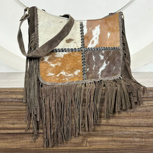 Wholesale Western Style Genuine Cowhide Leather Patchwork Fringe Crossbody Bag Luxury Suede Shoulder Purse Handbag for Women's - Product Image 4