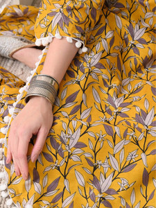 <b>Women</b> Yellow Floral Printed Cotton <b>Kurta</b> Set Regular Fit Knee-Length Traditional Quick Dry India Pakistan Summer Style - Product Image 6