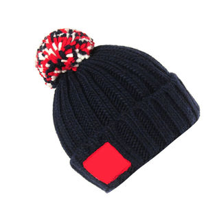 Navy <b>Blue</b> Ribbed Pom Pom <b>Beanie</b> Hat Red White Bobble Cuffed Winter Warm Knit Cap Custom Patch Unisex - Product Image 3