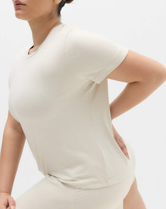 Camiseta de Yoga para Mujer 2026, Personalizada, Cuello Redondo, Manga Corta, Color Crema, 100% Algodón, Corte Regular, Color Sólido, Estilo Simple - Product Image 4