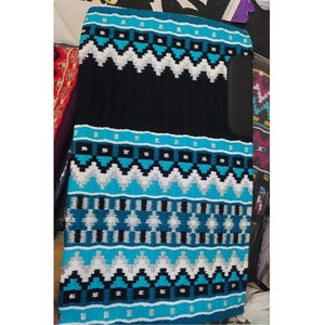 Tapis de selle Western bleu, blanc, noir, vert sarcelle, motif géométrique, en mélange de laine, couverture de cheval profilée avec patch en cuir, pour l'équitation sur sentier (LLT) - Product Image 3