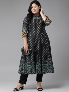 Kurta Anarkali en rayonne noire à motifs floraux, col mandarin, manches trois quarts, tenue décontractée pour femmes grandes tailles - Product Image 5