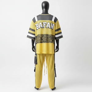 ชุดกางเกงเจอร์ซีย์ตาข่ายพรีเมียมสำหรับผู้ชาย 180 GSM ผ้าโพลีเอสเตอร์ระบายอากาศได้ดี สีเหลืองดำ ดีไซน์แผงสี  โลโก้สั่งทำได้ ชุด 2 ชิ้น สำหรับผู้ชาย - Product Image 2