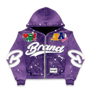 <b>Purple</b> Hooded <b>Varsity</b> <b>Jacket</b> With Cartoon Patch Designs And Zipper Closure Streetwear Style Rhinestone Pullover Hoodie <b>Jacket</b> - Product Image 4