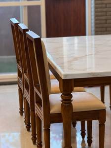 Luxury Marble <b>Top</b> <b>Dining</b> <b>Table</b> Set with Solid Teak Turned Legs and High Back Upholstered Chairs for Elegant <b>Dining</b> Rooms - Product Image 4