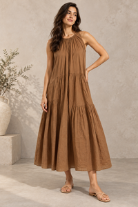 Vestido Maxi de Mujer, Color Marrón Caramelo, Sin Mangas, Cuello Redondo, Estilo Línea A, Transpirable, Lavable, 100% Algodón, Casual, para Uso Diario, Verano, Primavera - Product Image 5