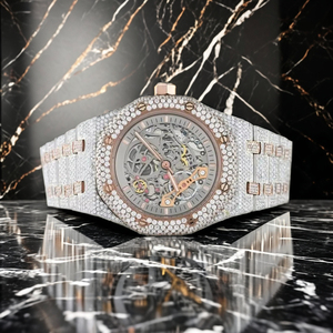Two-Tone Rose Gold and Silver Fully Iced Out Moissanite Quartz Movement ETA <b>Skeleton</b> Dial Luxury WatchCustom Hip Hop - Product Image 1