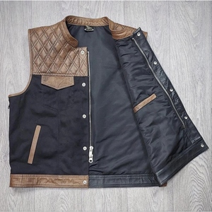 Custom Genuine Cowhide Leather Motorcycle <b>Vest</b> <b>Men's</b> <b>Black</b> Brown Quilted Shoulder Zip Front Biker Riding Waistcoat - Product Image 1