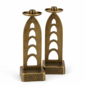 Pair of Solid Antique Brass Taper Candle Holders with Hammered Base Tall Metal Candlestick Home Decor - Product Image 1