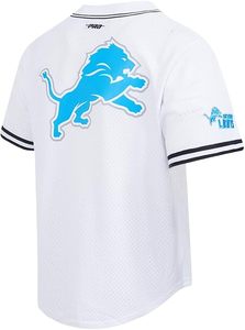 Maillot de baseball blanc des Lions avec logo bleu et bordure noire, en polyester, design durable, collection NFL - Product Image 3