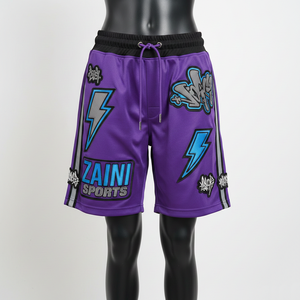 กางเกงบาสเก็ตบอลผู้หญิงผ้าโพลีเอสเตอร์ตาข่ายคุณภาพสูง สีม่วง แห้งเร็ว แต่งแถบสีตัดกัน พร้อมโลโก้สั่งทำพิเศษ - Product Image 1