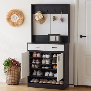 Armadio Bianco e Nero per Camera da Letto con Asta Appendiabiti, Scarpiera e Guardaroba, Organizzatore di Vestiti per Ingresso con Cassetti, Ripiani e Maniglie - Product Image 4