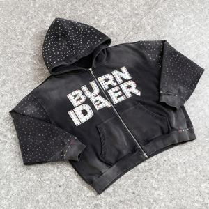 Sudadera con capucha de invierno OEM personalizada de alta calidad, transpirable, con cremallera, estilo vintage, efecto desgastado por el sol, de peso pesado, corte holgado, con lavado ácido y pedrería - Product Image 1