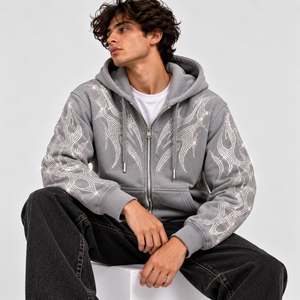 Sudadera con capucha prémium para hombre con cremallera y pedrería, bordado personalizado con cristales, estilo casual urbano, proveedor al por mayor - Product Image 4