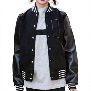 Veste universitaire en PU avec manches en cuir noir, couleur unie, fermeture boutonnée, style décontracté pour l'automne, coupe classique, col rabattu - Product Image 1