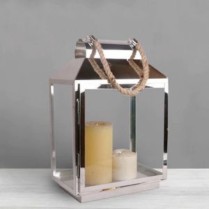 Modern <b>Silver</b> Metal Glass <b>Lantern</b> Lamp with Rope Handle Stainless Steel Candle Holder Decorative <b>Lantern</b> for Home Wedding Indoor - Product Image 1