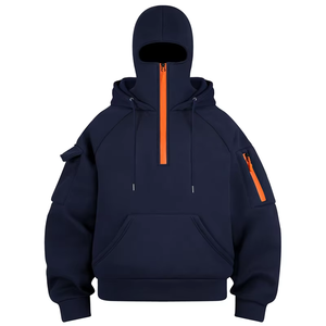 Sweat-shirt à capuche oversize noir pour homme, demi-zip, en polaire, couleur unie, respirant, pour l'automne, coupe classique, tissu tricoté - Product Image 3