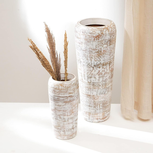 Vase à fleurs en bois sculpté artisanal Smart Art, en bois de manguier, finition naturelle blanchie, pour la décoration intérieure. - Product Image 1