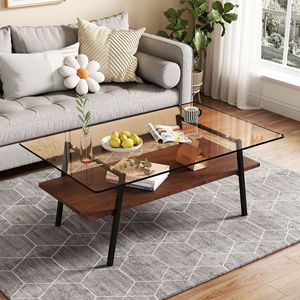 Modern Rectangle Coffee <b>Table</b> with <b>Brown</b> Tempered Glass Top and Black Metal Legs for Living Room - Product Image 1