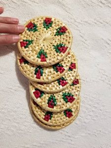 Charming Woven Straw Coaster Floral Roses Red Green Design Eco Natural Fiber Heatproof Drink <b>Protector</b> Boho <b>Table</b> Topper Home - Product Image 4