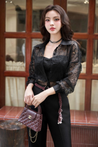 Camisa de encaje transparente negra para mujer, blusa de manga larga con botones y top de sujetador a juego, ropa informal CHERISH - Product Image 3