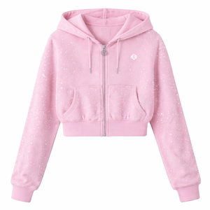Conjunto Deportivo Rosa con Pedrería, Transpirable, Sudadera Corta Oversize y Pantalones Acampanados, Dos Piezas, Fabricación Personalizada ODM - Product Image 5