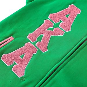 AKA Green Fleece Letterman <b>Jacket</b> <b>Pink</b> Stripe Unisex Varsity Style Embroidered Crest Patch Casual Warm Outerwear Apparel - Product Image 6