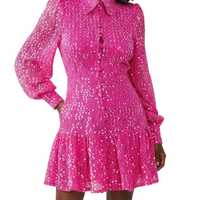 Robe mini rose à sequins pour femme, manches longues, tenue de soirée, cocktail, glamour, scintillante, pour anniversaire, club, réception, robe longue