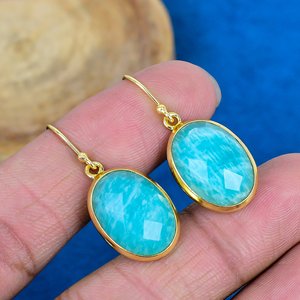 Natural Handmade Blue Amazonite Oval Shape Gemstone Drop Earrings 18k Micron Gold Over 925 <b>Sterling</b> <b>Silver</b> - Product Image 1