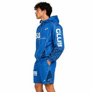Veste coupe-vent Y2K Streetwear bleue en gros, survêtement personnalisé pour homme, veste en nylon imperméable, ensemble deux pièces, sweats à capuche en gros - Product Image 3