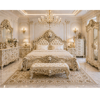Ensemble de lit DST Exports en teck sculpté avec visage de lion, finition blanc or moderne, taille standard, hauteur réglable, 2 tiroirs, chambre à coucher