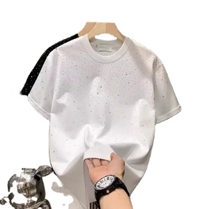 Camisetas Personalizadas con Pedrería, Negras, 100% Algodón, Camisetas de Cuello Redondo para Hombre, Ropa Urbana de Verano, Camiseta con Cristales Brillantes, Diseño OEM - Product Image 5