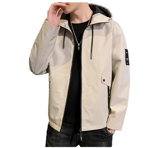 Men's Hooded Windbreaker Jacket Lightweight Solid Color Zipper Closure Casual Outdoor Coat With <b>Patch</b> Design Autumn Wear - Product Image 3