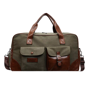 Sac de voyage en toile blanc cassé avec garniture en cuir, multi-poches, sac de week-end robuste - Product Image 5