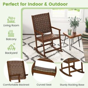 Silla Mecedora de Patio con Asiento de PU y Estructura de Madera de Caucho, Silla de Madera Resistente con Asiento Cómodo para Uso en Exteriores - Product Image 5