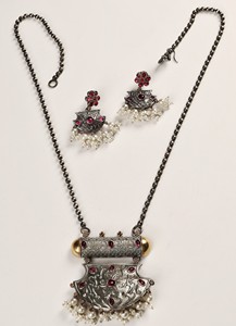 Oxidized Silver Statement Pendant <b>Necklace</b> <b>Set</b> with Red Ruby Color Stone & <b>Pearl</b> Drop Earrings for Women - Product Image 4