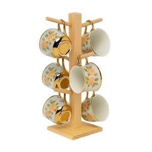 Porte-tasses élégant en bois brun à 6 crochets pour comptoir, finition naturelle, support de rangement de cuisine et organisateur domestique - Product Image 4