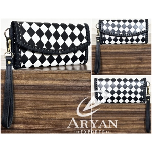 Premium Quality Black & White Checkered Wallet Trendy New Women's Hand <b>Tooled</b> Cow <b>Leather</b> Card Holder Clutch With Hand Wristlet - Product Image 1
